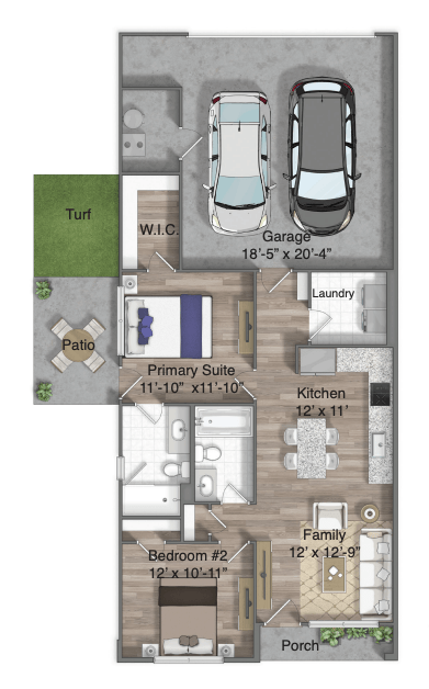 Floor plan for 2 beds, 2 baths, 852 sqft